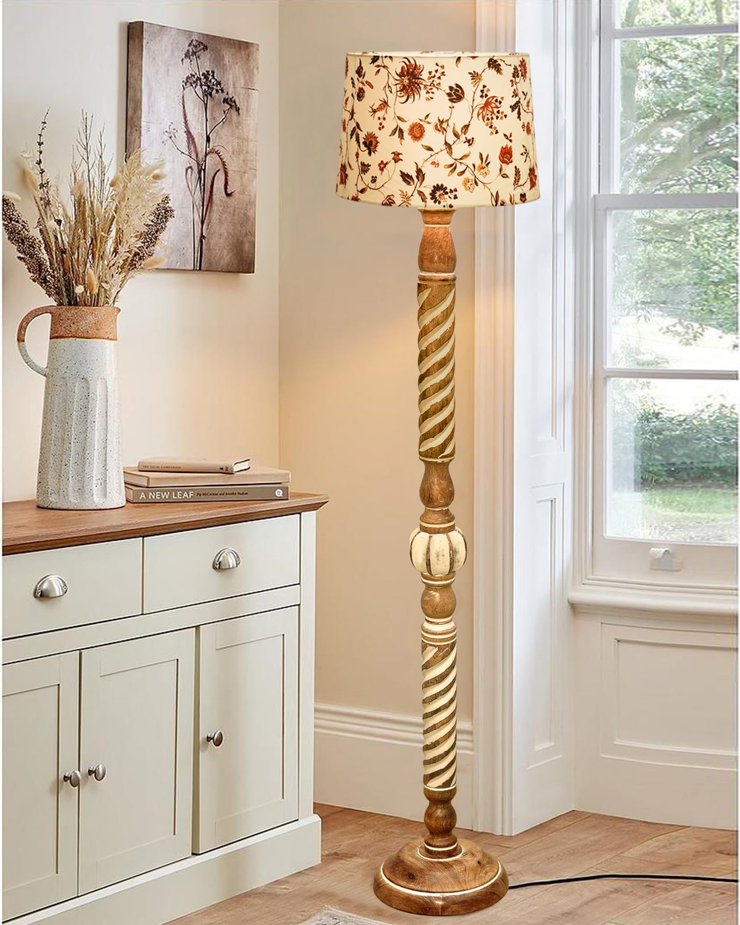Wooden Floor Lamp with Spiral-Carved Design and Beige Fabric Shade - 142x30x27cm