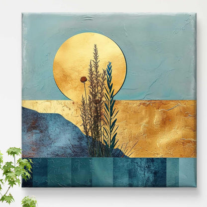 Wall Painting Abstract Landscape Teal and Gold 16 Inch x 16 Inch Canvas