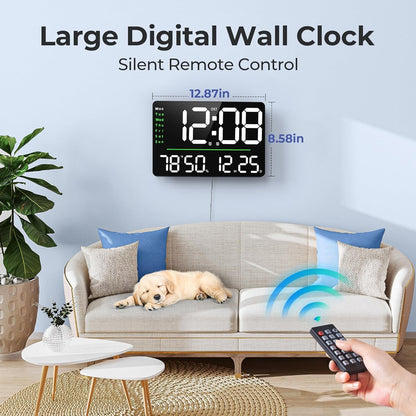 Digital Wall Clock 16" with Remote Control, Auto Dimming, Temperature & Humidity Display