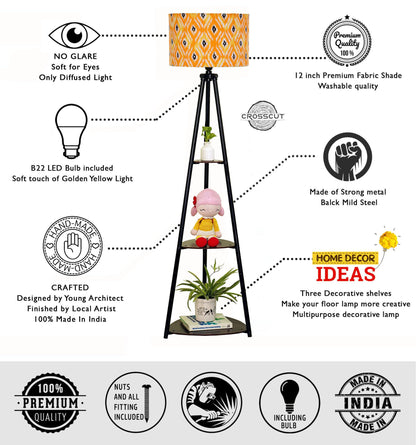 Floor Lamp with Integrated Shelving, Black Metal, LED Bulb Included, 3 Shelves