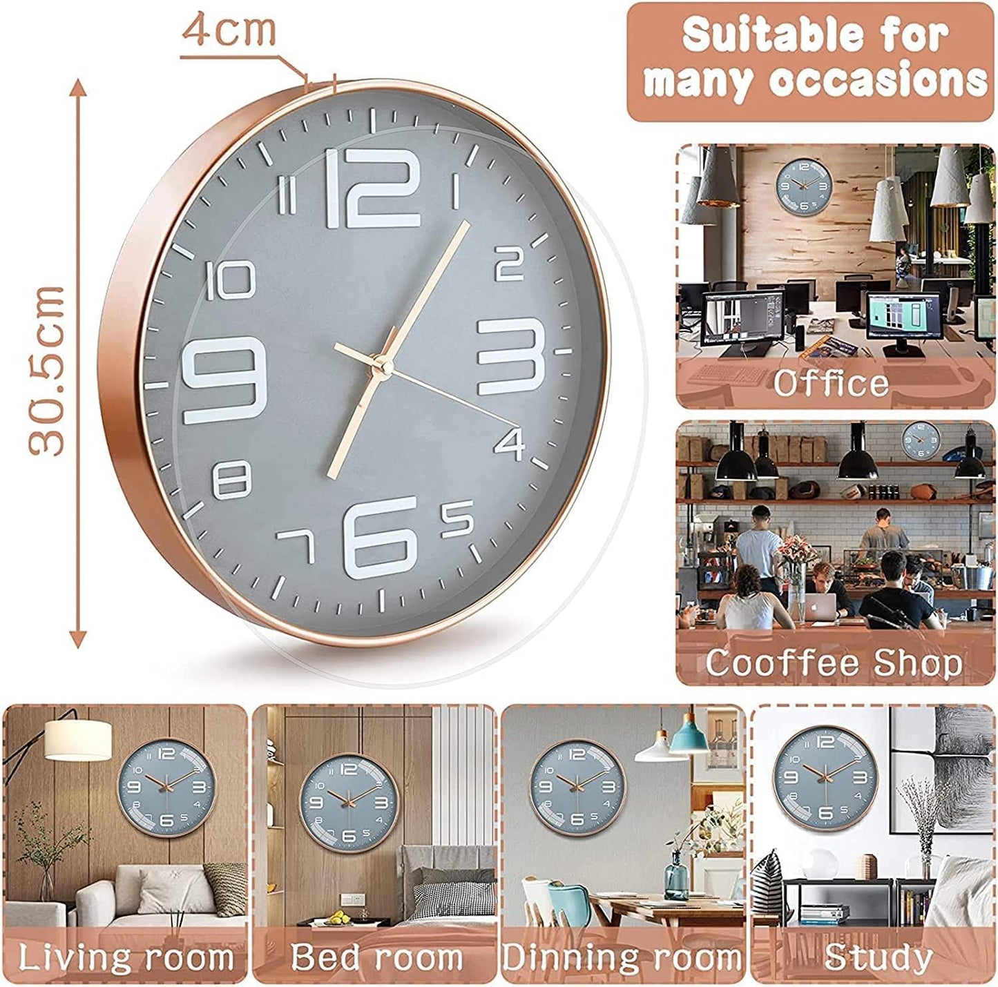 Rylan 12" Silent Quartz Wall Clock - Grey Plastic Analog - Battery Operated