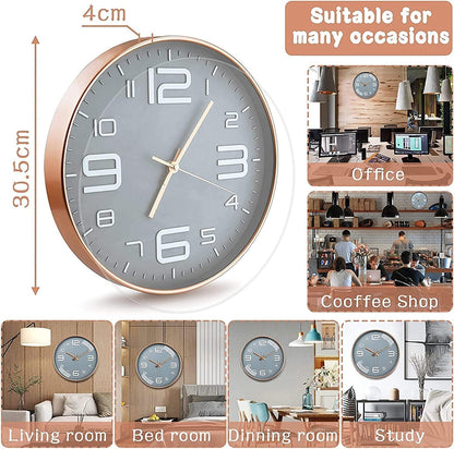 Rylan 12" Silent Quartz Wall Clock - Grey Plastic Analog - Battery Operated