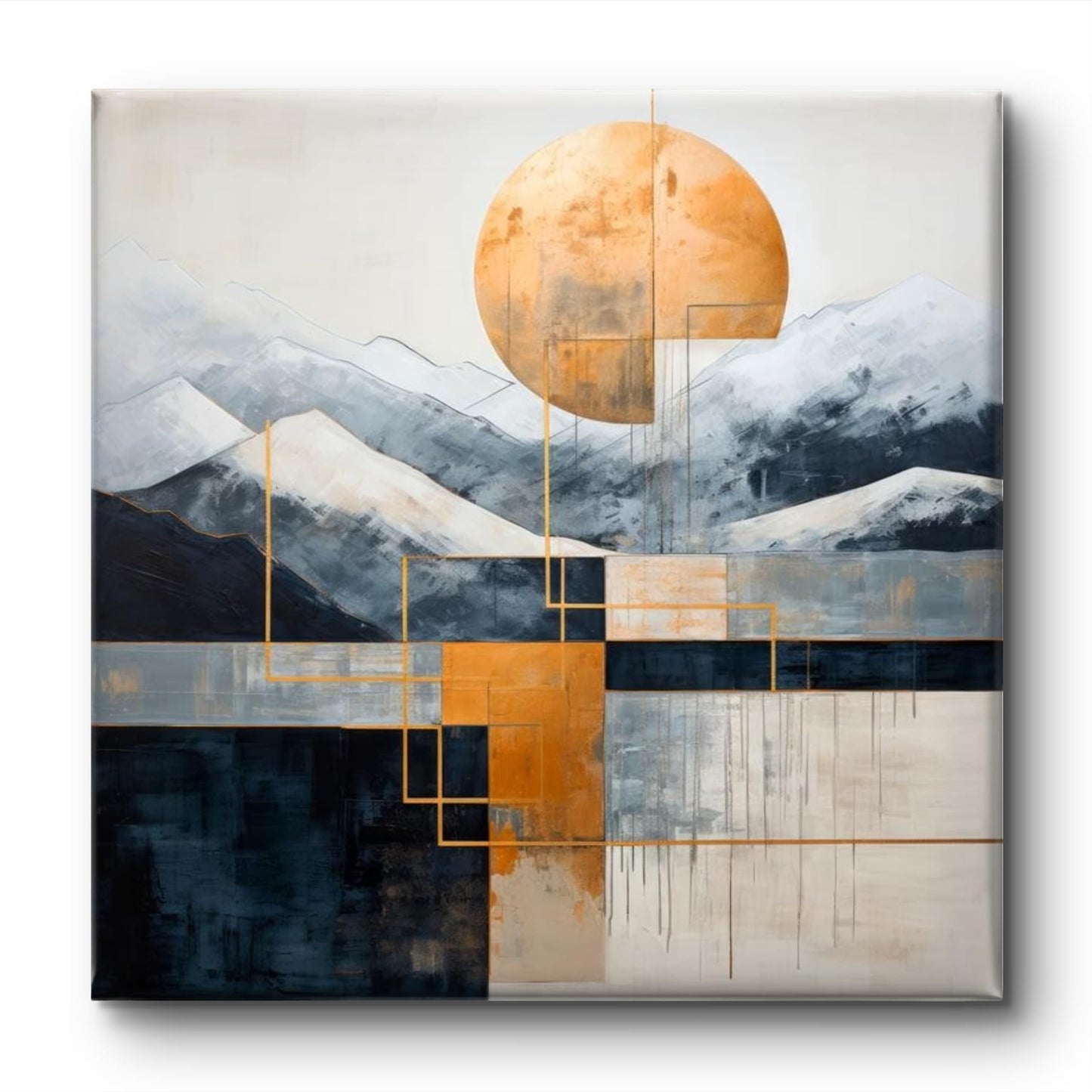 Wall Painting Modern Abstract Mountain Landscape Canvas Art Grey Navy Blue Orange 16 Inch x 16 Inch