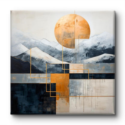 Wall Painting Modern Abstract Mountain Landscape Canvas Art Grey Navy Blue Orange 16 Inch x 16 Inch