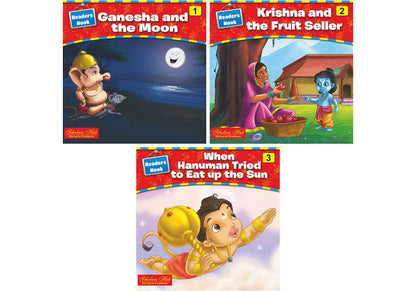 Scholars Hub Mythological Story Books For Kids- Readers Nook Series -Ganesha And The Moon-1, Krishna And The Fruit Seller-2, When Hanuman Tried To Eat Up The Sun -3 (Set Of 3 Books) (For Ages 3+) (Illustrated) |48 Pages| Single Line Storybook For Kids