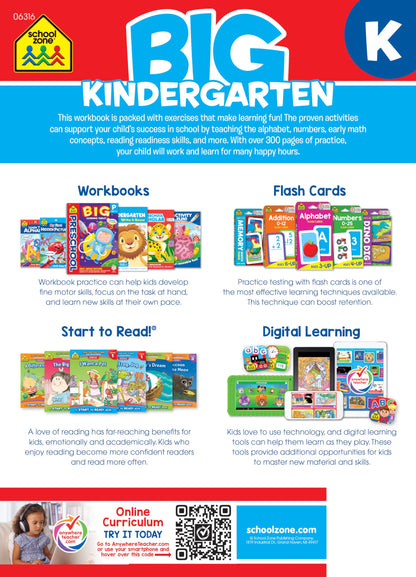 School Zone Big Kindergarten Workbook: 320 Pages, Early Reading and Writing, Numbers 0-20, Basic Math, Matching, Story Order, Ages 5 to 6