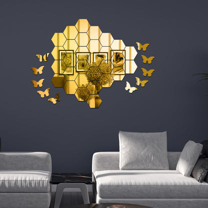 Hexagonal Wall Mirror Set with Butterfly Stickers - Golden Acrylic - 15 cm Diameter - 30 Mirrors & 10 Butterflies