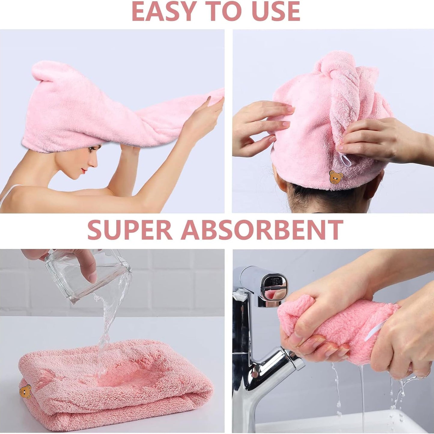 Hair Towel Wraps for Women - Quick Dry, Microfiber, 2-Pack (Grey & Pink)