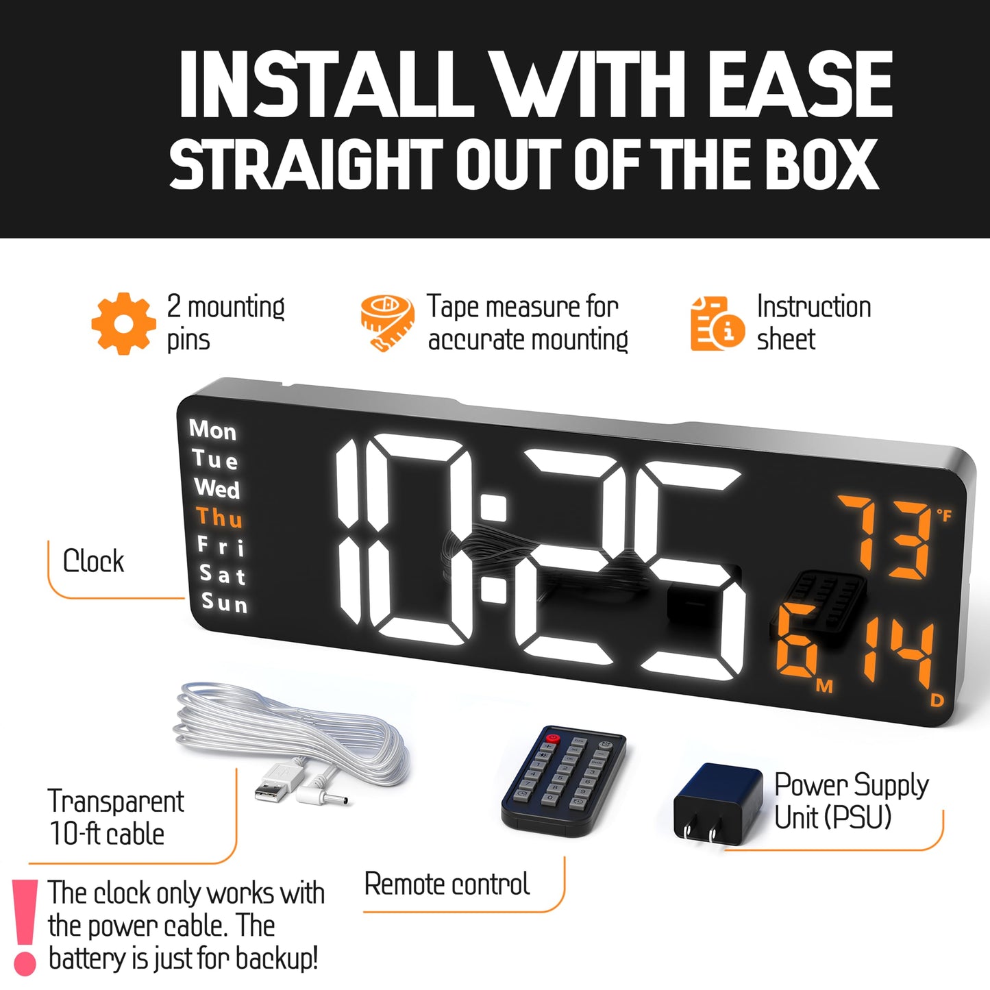 Digital Wall Clock with Timer and Temperature 40cm White & Orange