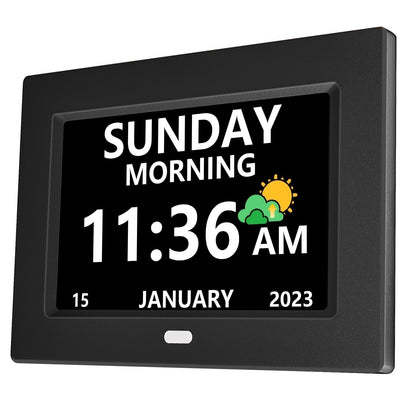 7 Inch Digital Alarm Clock with Day and Date Display for Seniors - Black