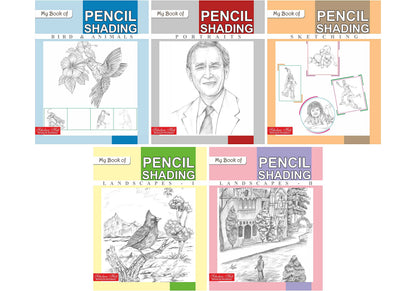 Scholars Hub My Book Of Pencil Shading For Kids (Set Of 5 Books) | 200 Pages | Landscape 1, Landscape 2, Birds And Animals, Potraits & Sketching.