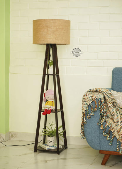 LED Floor Lamp with Shelf in Dark Finish - Wooden, Energy Efficient