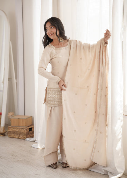 Lorenvalley Fashion Cream Glass Roman Silk with Embroidery Sequence and Jari Work Kurta Farshi Salwar with Dupatta
