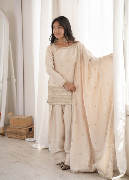 Lorenvalley Fashion Cream Glass Roman Silk with Embroidery Sequence and Jari Work Kurta Farshi Salwar with Dupatta
