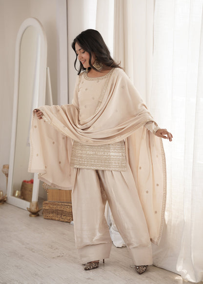 Lorenvalley Fashion Cream Glass Roman Silk with Embroidery Sequence and Jari Work Kurta Farshi Salwar with Dupatta