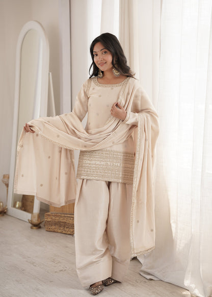 Lorenvalley Fashion Cream Glass Roman Silk with Embroidery Sequence and Jari Work Kurta Farshi Salwar with Dupatta