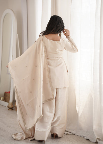 Lorenvalley Fashion Cream Glass Roman Silk with Embroidery Sequence and Jari Work Kurta Farshi Salwar with Dupatta