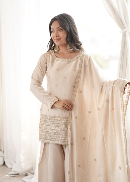 Lorenvalley Fashion Cream Glass Roman Silk with Embroidery Sequence and Jari Work Kurta Farshi Salwar with Dupatta