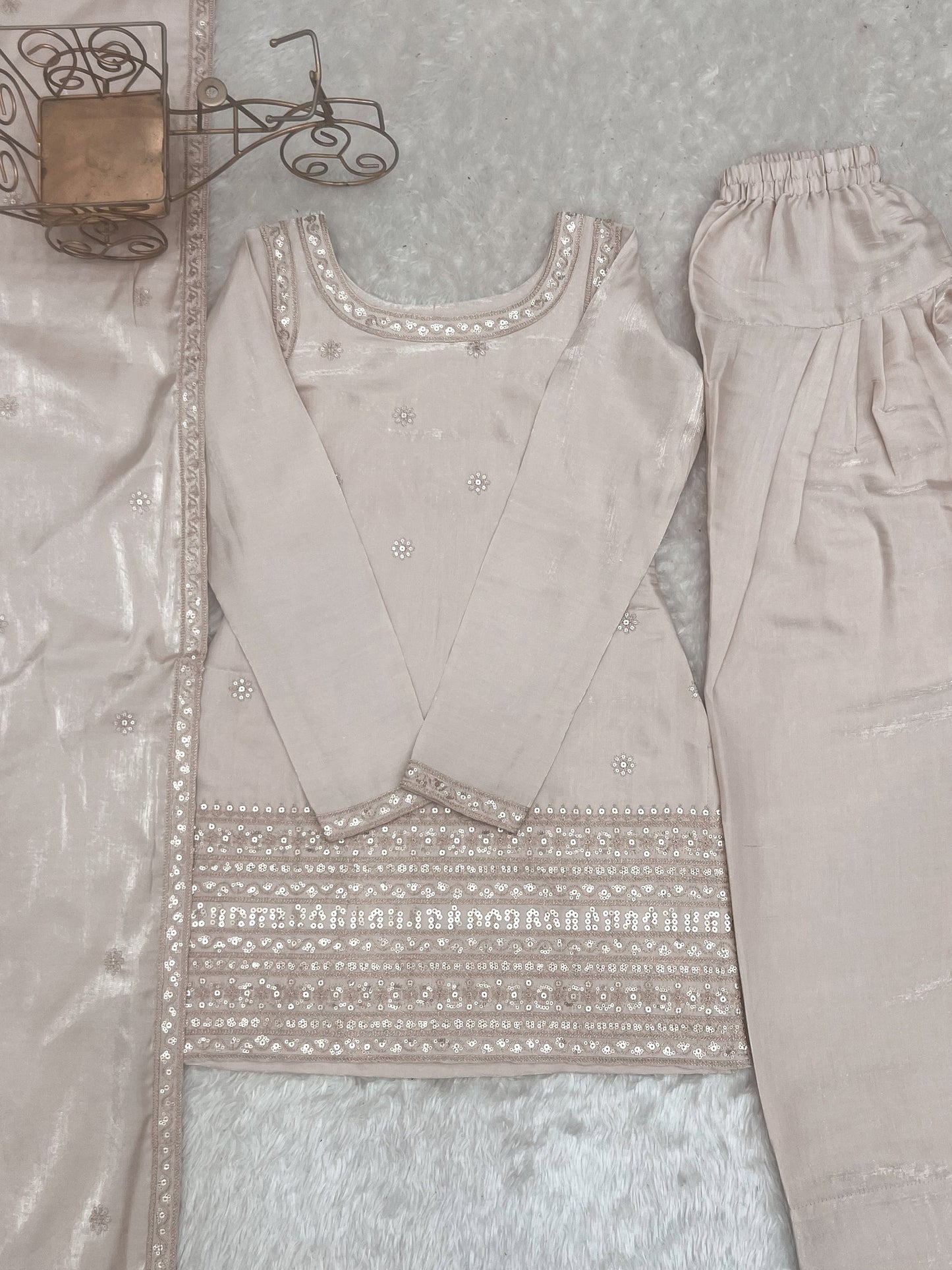 Lorenvalley Fashion Cream Glass Roman Silk with Embroidery Sequence and Jari Work Kurta Farshi Salwar with Dupatta