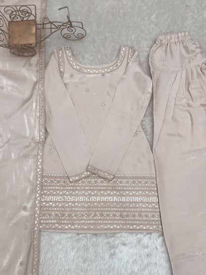 Lorenvalley Fashion Cream Glass Roman Silk with Embroidery Sequence and Jari Work Kurta Farshi Salwar with Dupatta