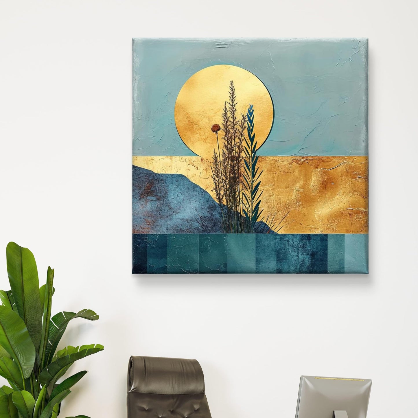Wall Painting Abstract Landscape Teal and Gold 16 Inch x 16 Inch Canvas