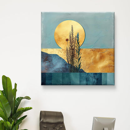 Wall Painting Abstract Landscape Teal and Gold 16 Inch x 16 Inch Canvas