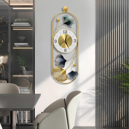 Gingko Leaf Wall Clock - Large Metal Design in Matte Black & Gold