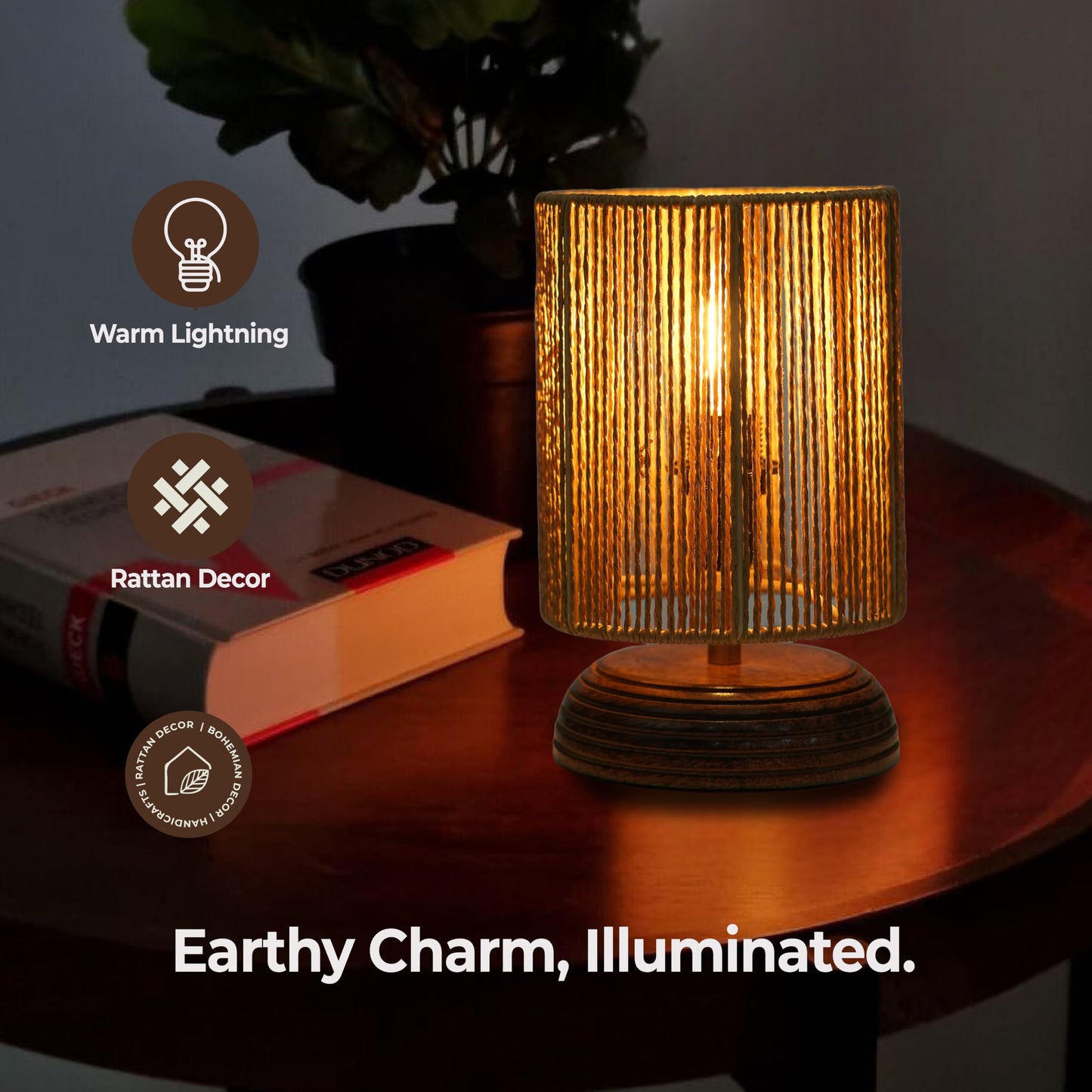 Table Lamp Boho Raffia Shade Wooden Base 21.5 x 12.9 cm Brown