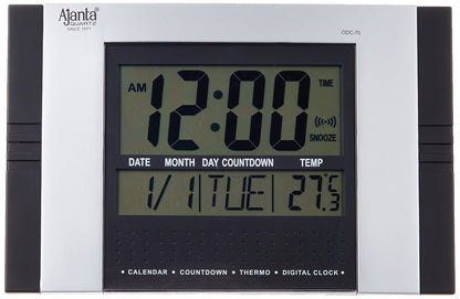 Digital Alarm Wall Clock with Quartz Movement, 29 cm x 19 cm, Black Plastic