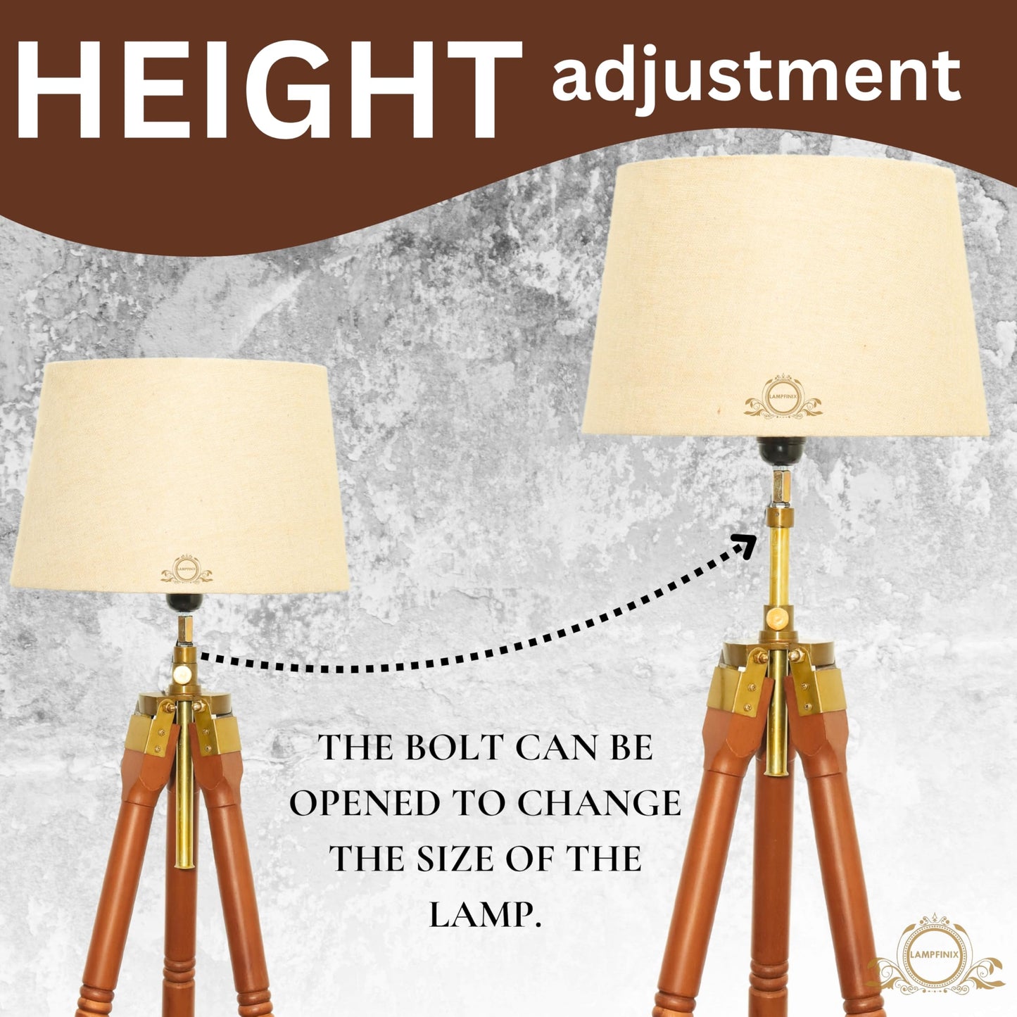 Wooden Tripod Floor Lamp with Beige Shade, Adjustable Height 152 cm, Antique Style, Brown Polished Stand