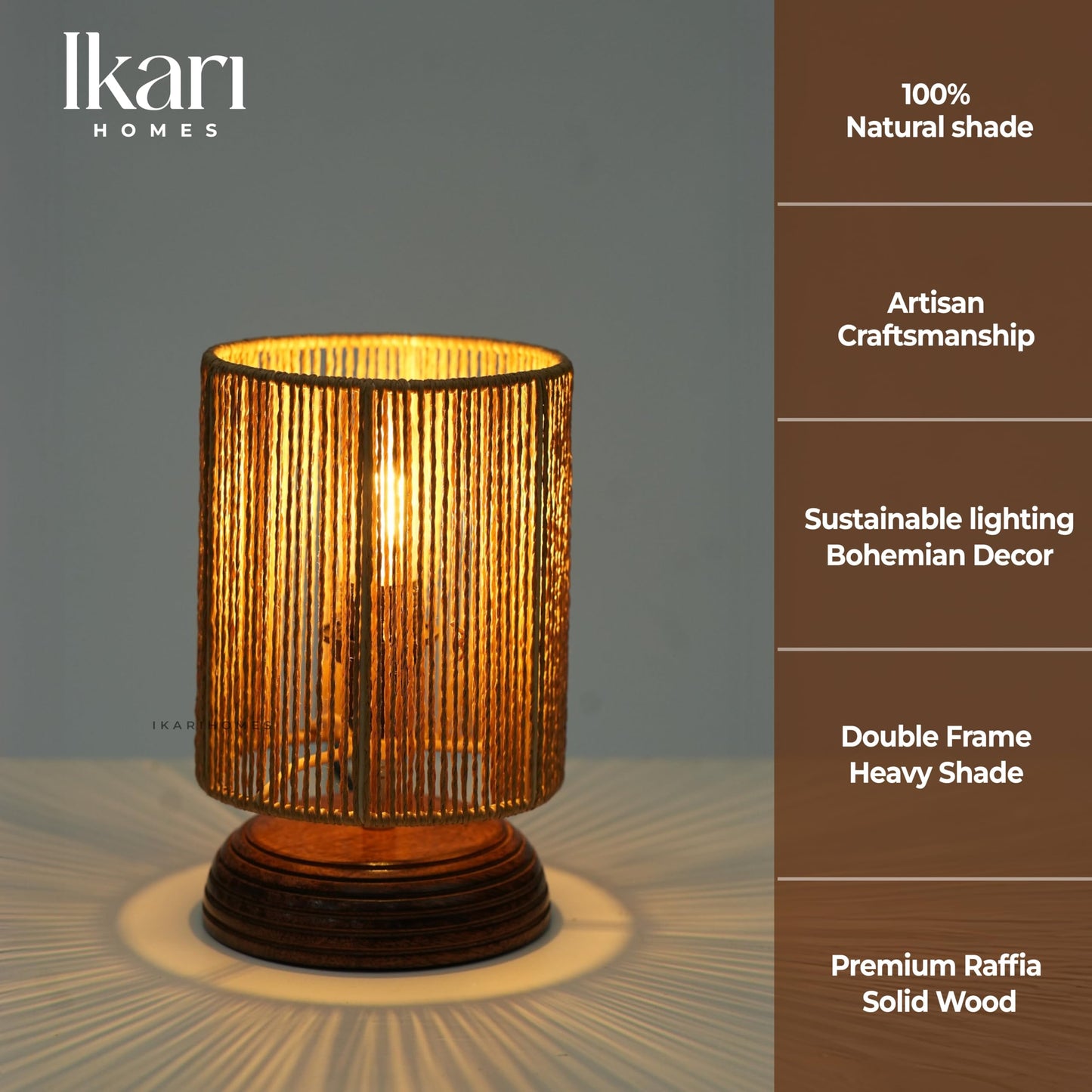 Table Lamp Boho Raffia Shade Wooden Base 21.5 x 12.9 cm Brown