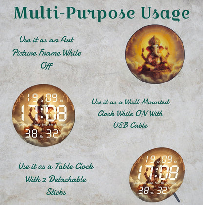 Digital Wall Clock with LED Display and Ganesha Picture, 24.3x24.3cm, USB Powered