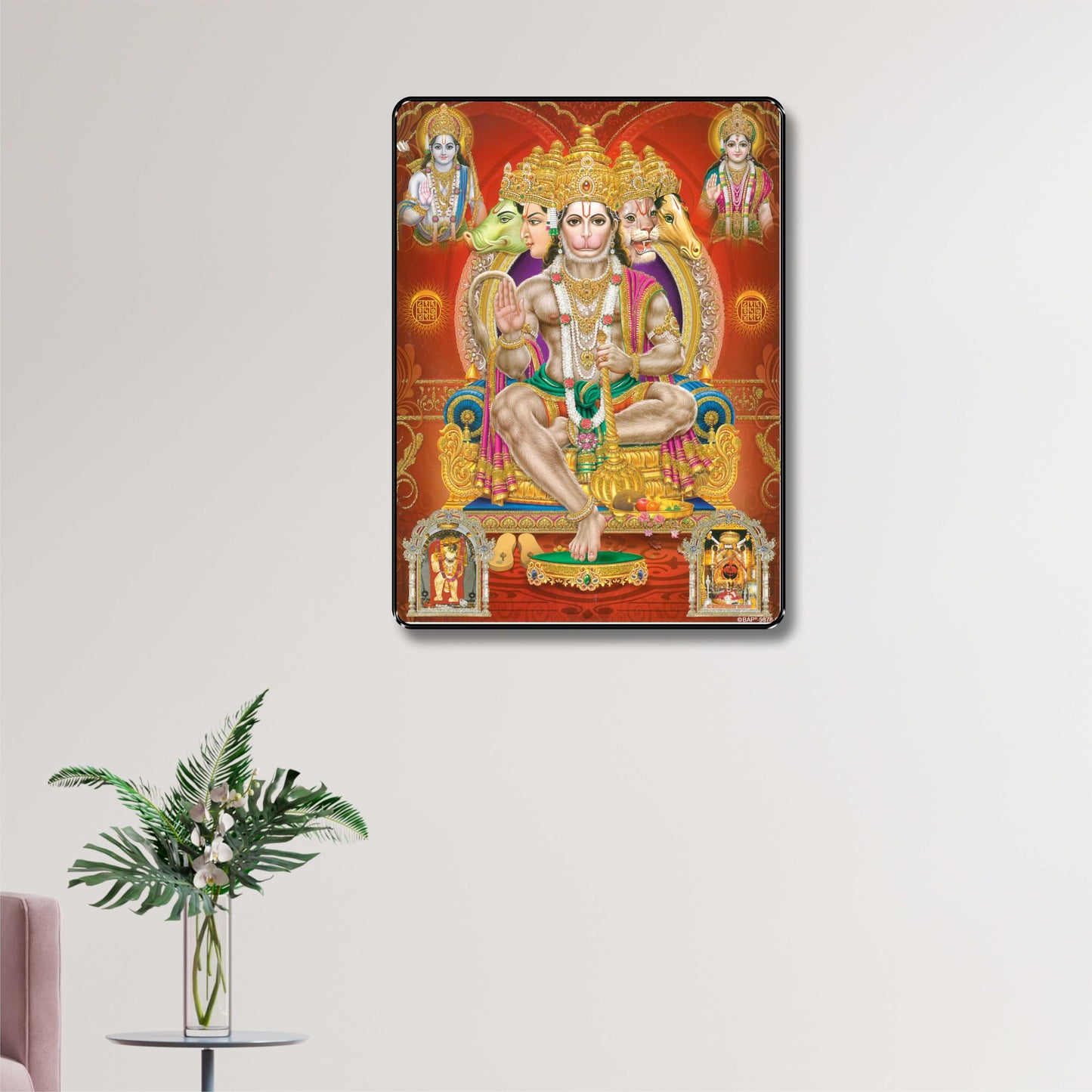 Canvas Painting Panchmukhi Hanuman Framed Acrylic Glass 14 inch x 11 inch Multicolor