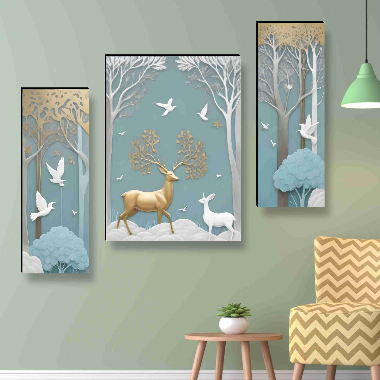 3D Modern Art Canvas Painting Set of 3 - Deer Design - 50.8 cm x 30.48 cm - Framed Wall Art for Home & Office