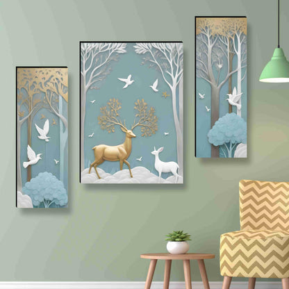 3D Modern Art Canvas Painting Set of 3 - Deer Design - 50.8 cm x 30.48 cm - Framed Wall Art for Home & Office