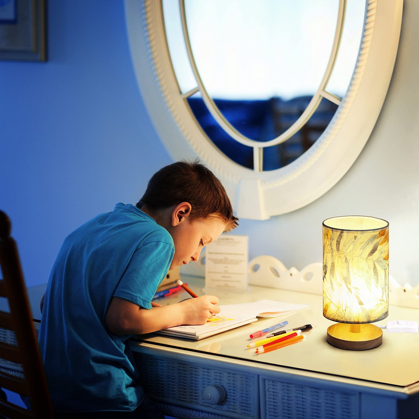 LED Table Lamp with Wooden Base - Cylindrical Design - 28cm Height - Dim Light for Bedroom & Living Room