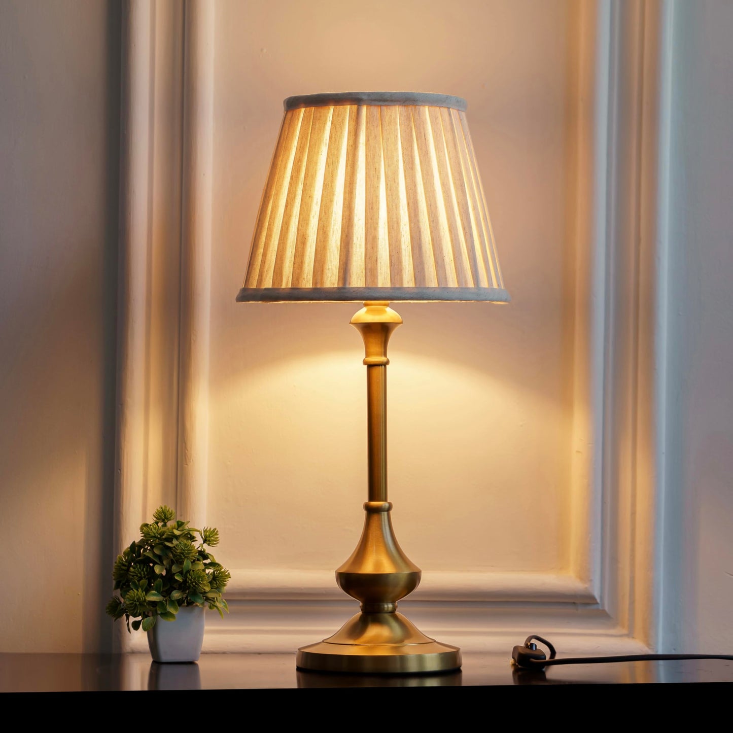 Table Lamp Antique Brass Gold Finish 10 Inch Off White Lampshade LED
