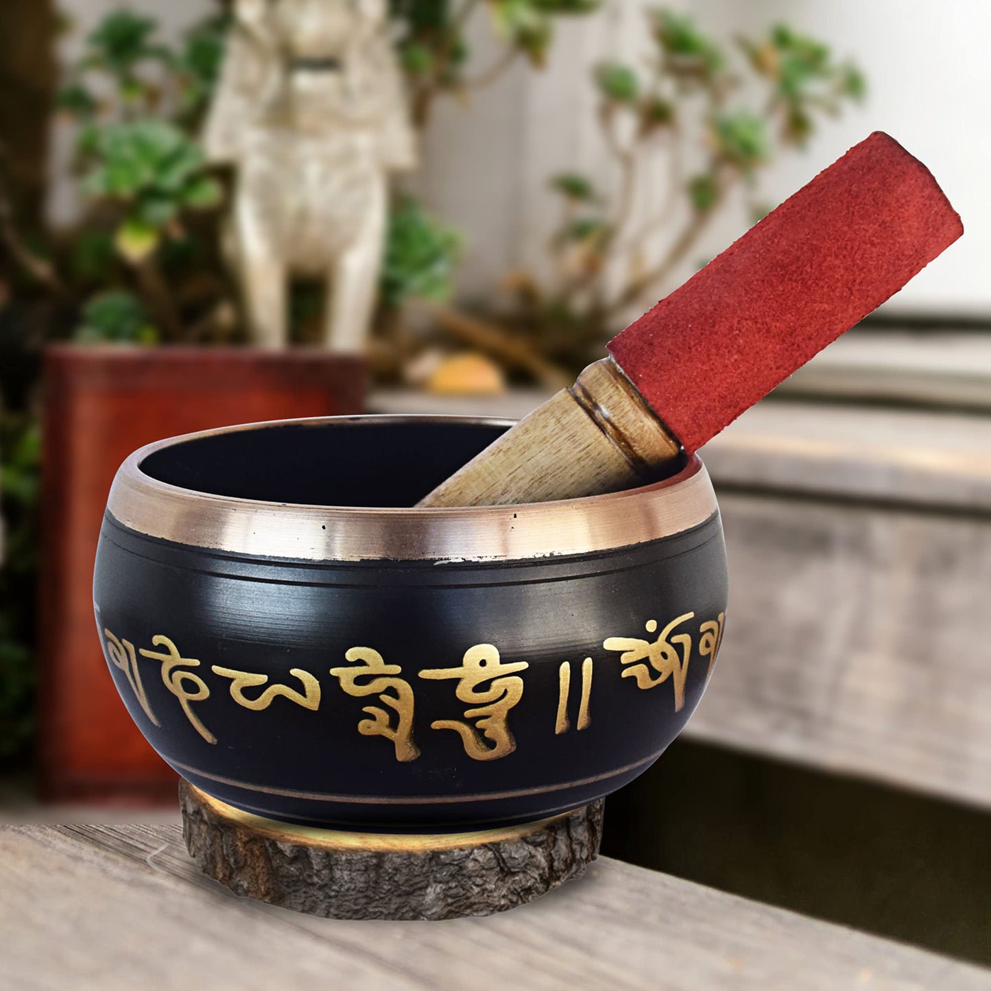 Singing Bowl - Tibetan Buddhist Prayer Instrument - Metal Alloy - Black - 5 Inch Diameter - Includes Striker Stick