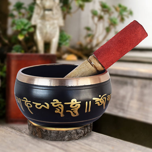 Singing Bowl - Tibetan Buddhist Prayer Instrument - Metal Alloy - Black - 5 Inch Diameter - Includes Striker Stick