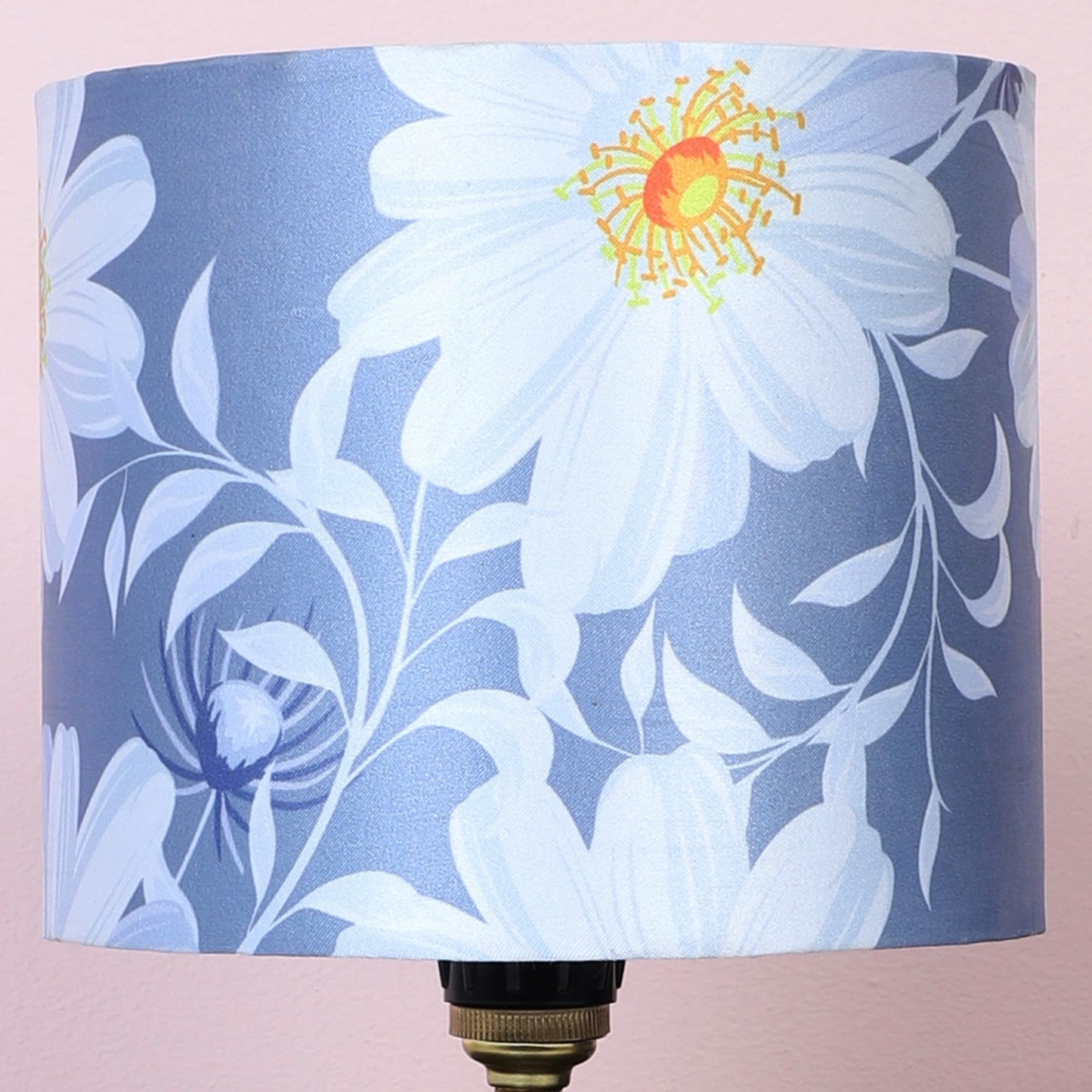 Table Lamp with Floral Print Satin Shade - Black Metal Base - 9" Height