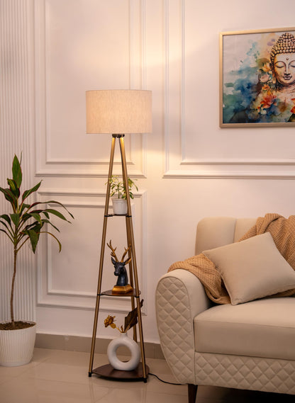Floor Lamp with Three Shelves, Brass Antique Finish, 5Ft Height, Off White Drum Shade, LED Bulb Included
