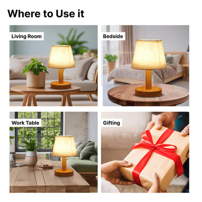 LED Table Lamp with Dimmable Functionality, Wooden Base & Fabric Shade, 21cm