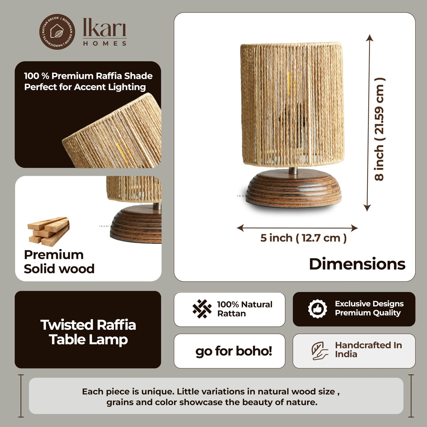 Table Lamp Boho Raffia Shade Wooden Base 21.5 x 12.9 cm Brown