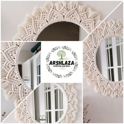 Macrame Round Wall Mirror with Cotton Fringe - 16x16 cm - Off-White Decorative Mirror
