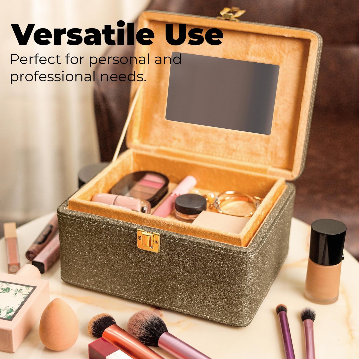 Gold Makeup Vanity Box - Large Cosmetic Organizer for Travel
