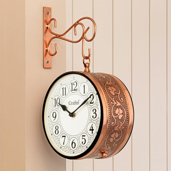 Metal Analog Railway Wall Clock - Double Sided, 8 Inch, Rose Gold