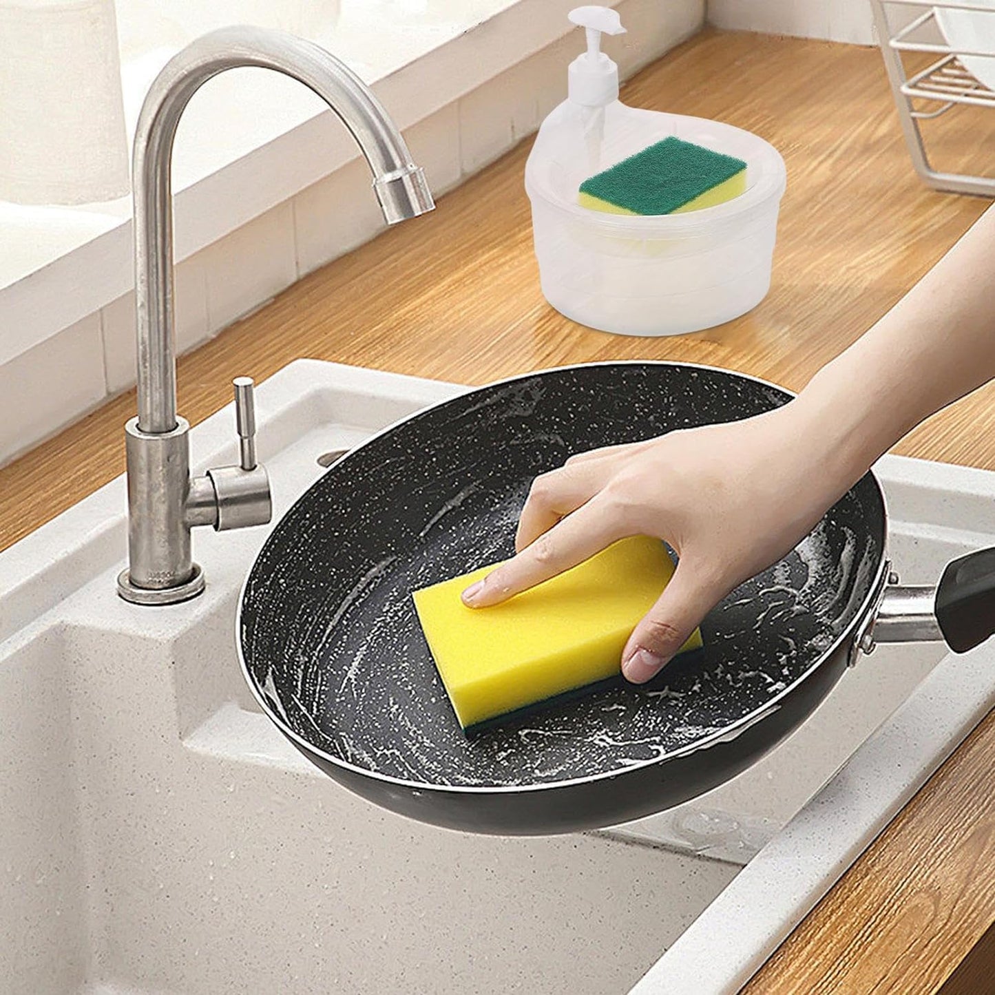 Dual Function Soap Dispenser with Sponge Holder - Transparent Plastic - Kitchen Sink Accessories