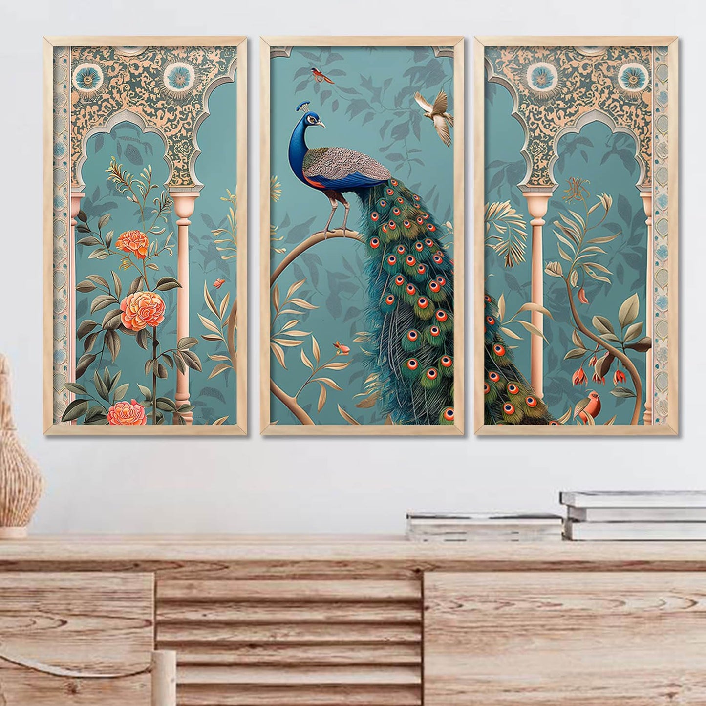 Pichwai Wall Art Painting Set of 3 | Acrylic on 300 GSM Paper | 10 x 19 Inches | Framed with Wooden Backing
