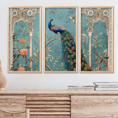 Pichwai Wall Art Painting Set of 3 | Acrylic on 300 GSM Paper | 10 x 19 Inches | Framed with Wooden Backing