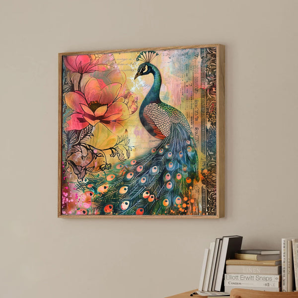 Wall Painting Framed Canvas Art Peacock Design Blue 23x23 Inch